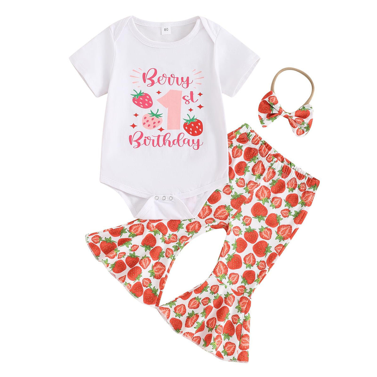 Frietlebird Berry First Birthday Outfit Girl Baby Letter Strawberry Romper and Bell Bottoms Pants 1st Birthday Girl Outfit (A-White6-12 Months)