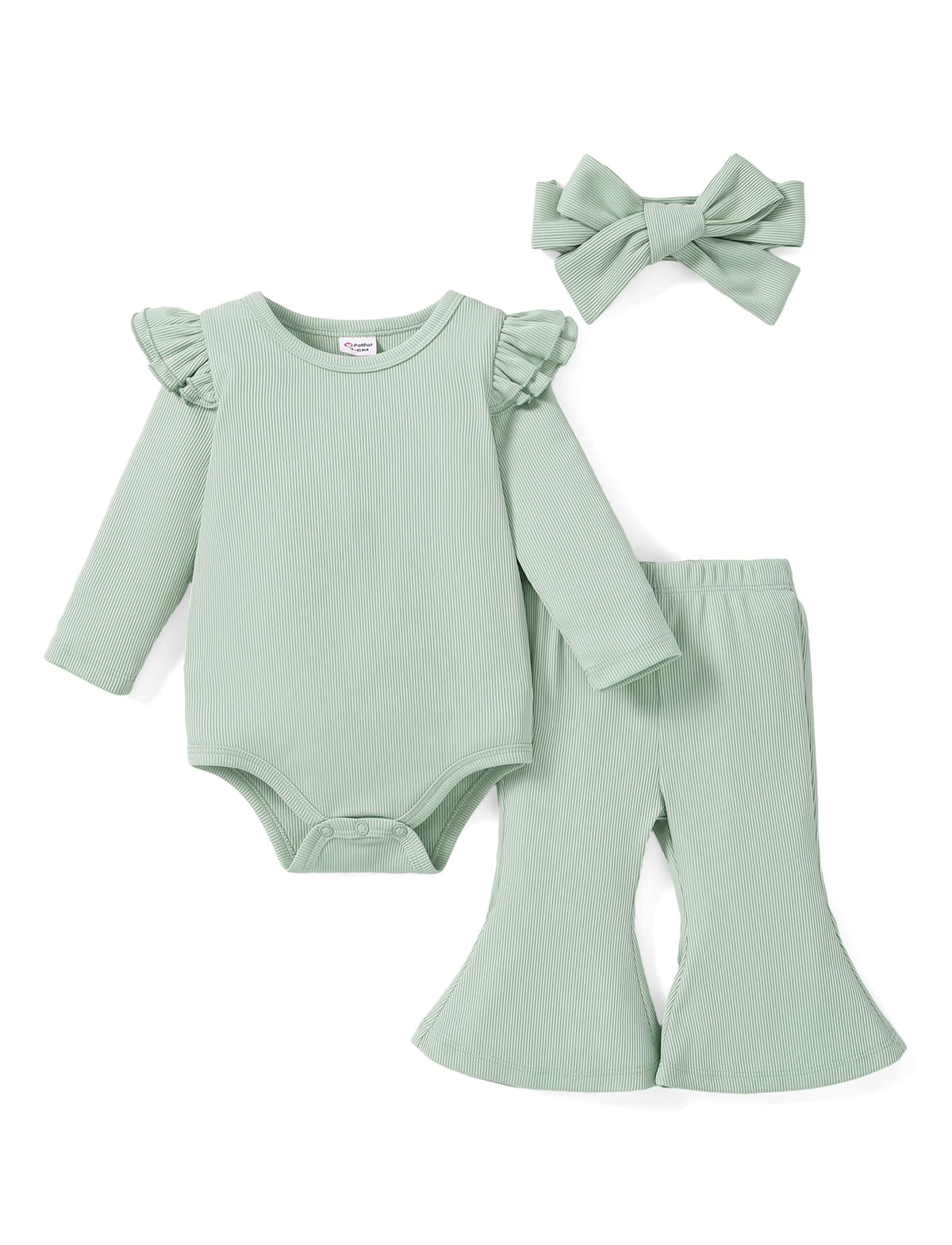 PATPAT Baby Girls 3pc Ruffle Long Sleeve Romper and Pant Set Bell Bottoms Solid Outfits with Headband Green 9-12 Months