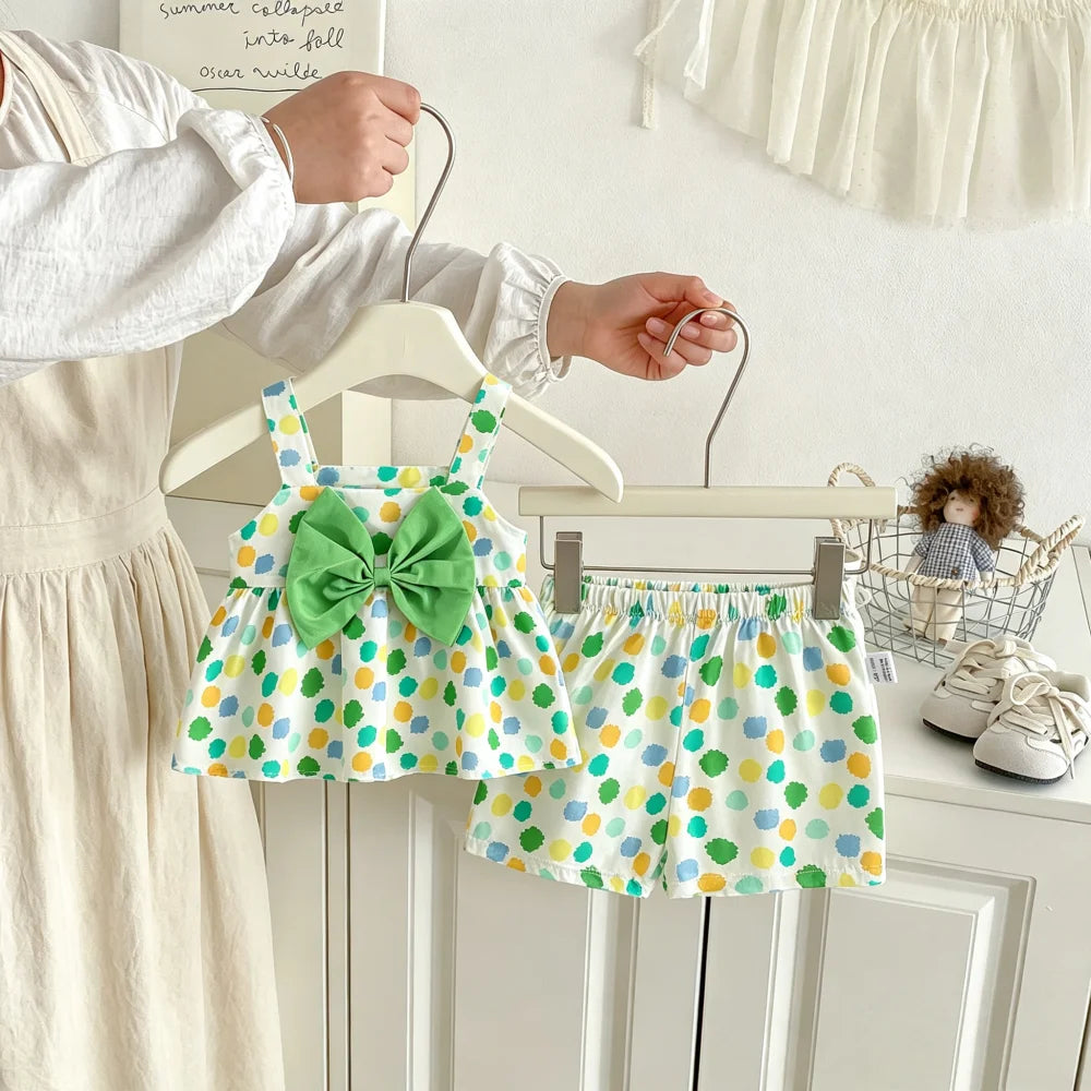 Girls'set Summer Polka Dot Bow Top Shorts Girls' Clothing Cute Beach Baby Set