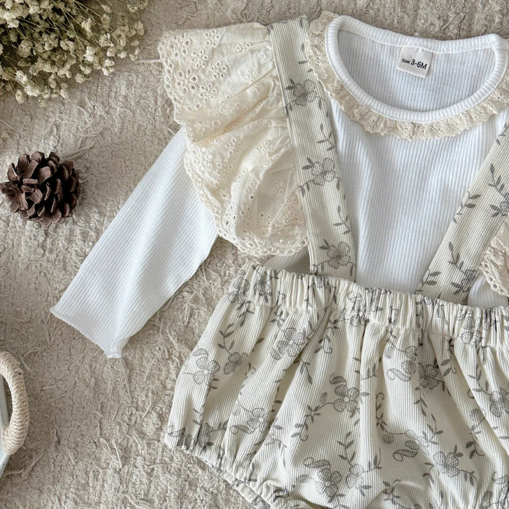 Toddler Baby Floral Strap Bubble Romper Set Lace Eyelet Ruffle Sleeve Top Vintage Infant Clothes
