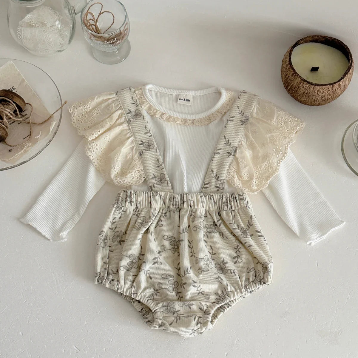 Toddler Baby Floral Strap Bubble Romper Set Lace Eyelet Ruffle Sleeve Top Vintage Infant Clothes