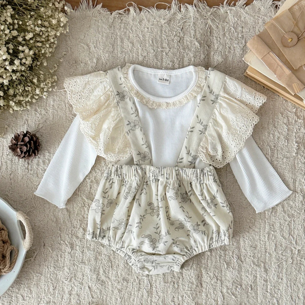 Toddler Baby Floral Strap Bubble Romper Set Lace Eyelet Ruffle Sleeve Top Vintage Infant Clothes