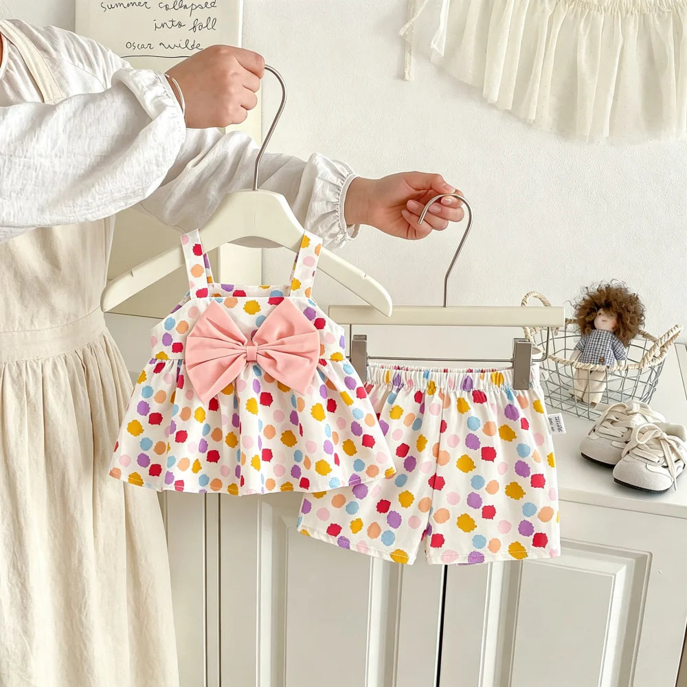 Girls'set Summer Polka Dot Bow Top Shorts Girls' Clothing Cute Beach Baby Set