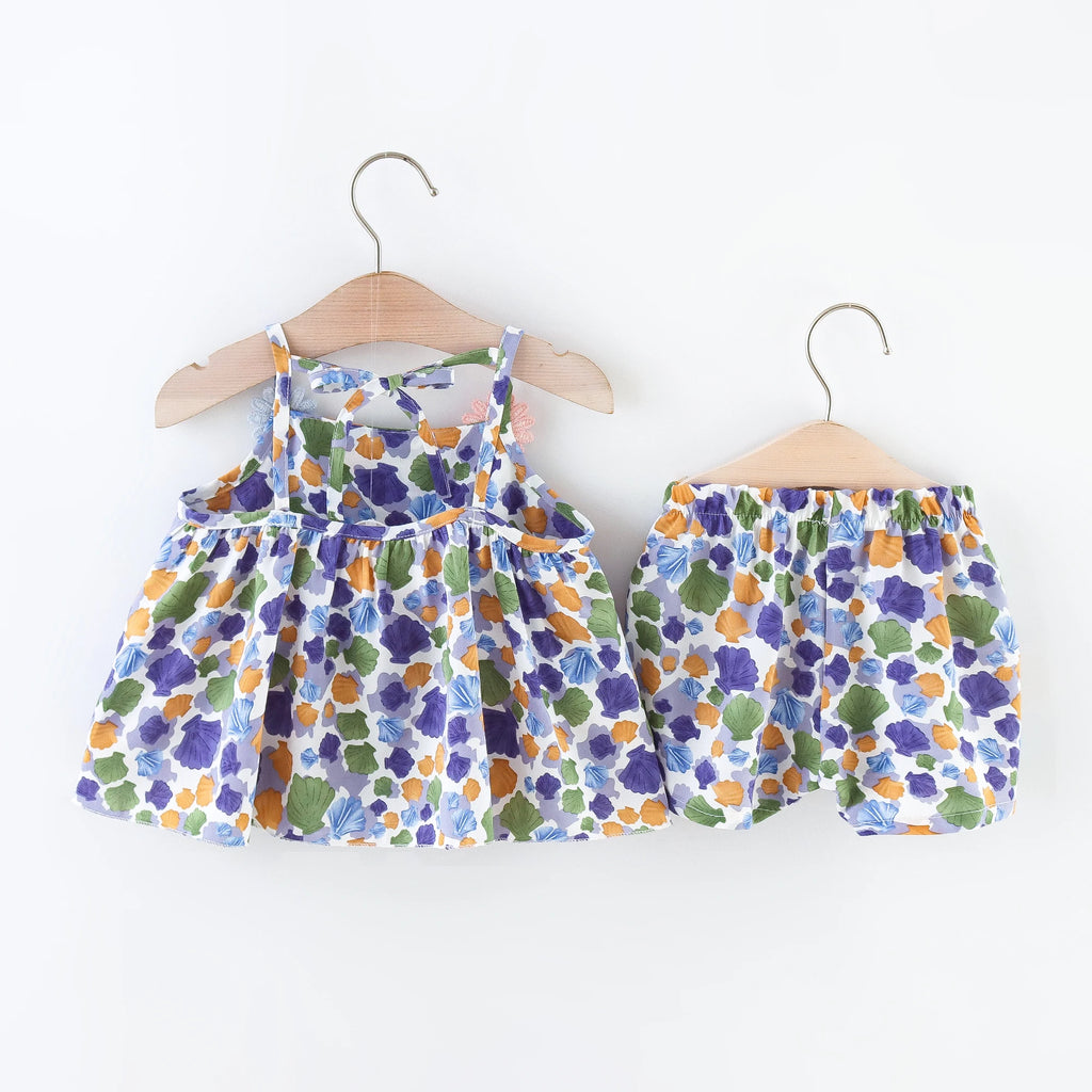 Summer 2-piece/set baby girl suspender set baby girl cartoon colored shell print daisy suspender shorts children's clothing