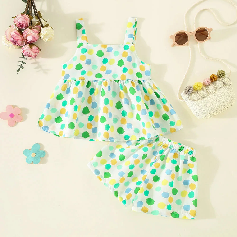 Girls'set Summer Polka Dot Bow Top Shorts Girls' Clothing Cute Beach Baby Set