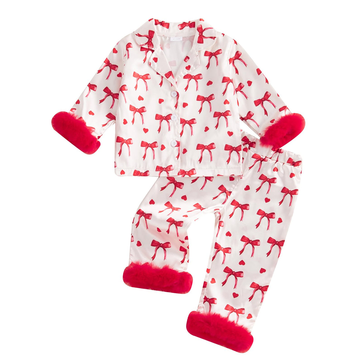 Toddler Baby Girl Satin Pajamas Set Fuzzy Trim Button Down Sleep Shirt Top Pants Bottoms Sleepwear Loungewear Set (X Red 2-3 Years)