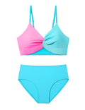 Tomolant Girls Swimsuits Size 10-12 Adjustable Double Shoulder Straps Color Block Twist Pink and Blue Bikini Top+Blue Bottoms Swimwear Teen Swimsuits 2 Piece Set