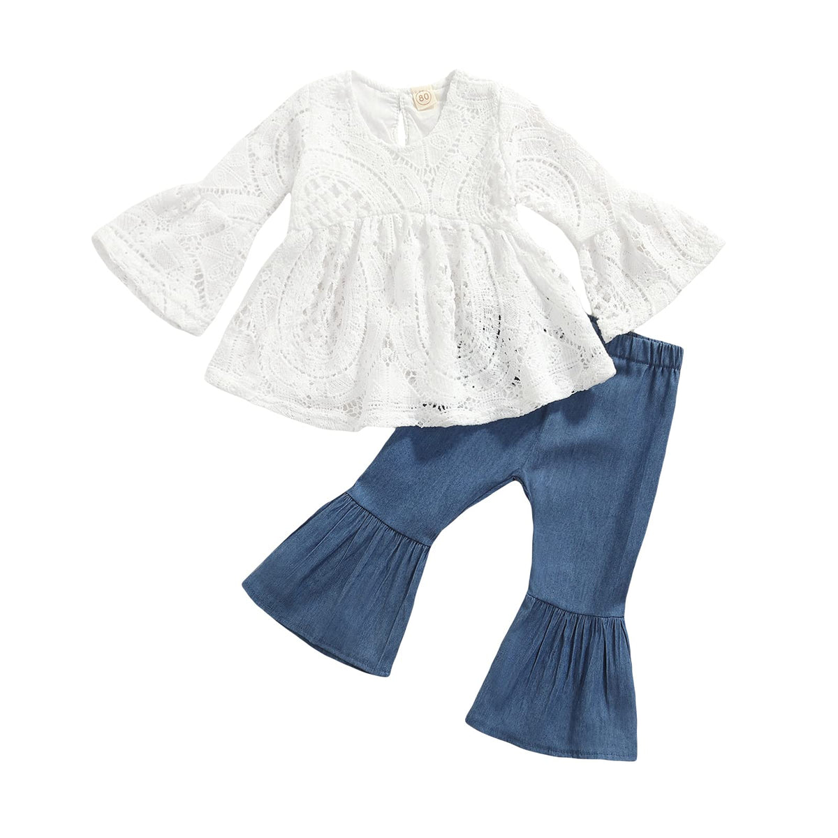 NANYKNIGHTY Toddler Baby Girl Outfit Infant Girl Solid Clothes Lace Top Flare Pant Bell-bottoms 2Pcs (White Top 18-24 Months)